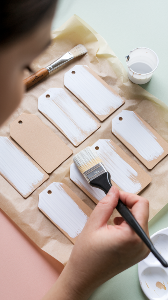 A top-down view of a person brushing a thin white gesso coat onto wooden tags laid out on parchment paper. Include a detail brush, a small paint cup, and a clean palette. Soft pastel background, bright lighting, focus on the brush strokes and even coverage of primer.