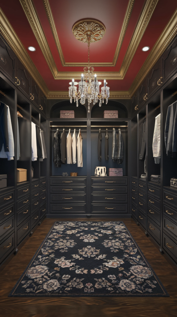 A photo of a walk-in closet with a dark, opulent design. The room has a red ceiling with gold moldings and a central chandelier. The walls are lined with dark wooden cabinets and drawers with gold handles. There are hanging clothes on hangers and shelves displaying accessories and decorative items. A luxurious rug with floral patterns lies at the center of the room, and the floor appears to be made of polished wood.