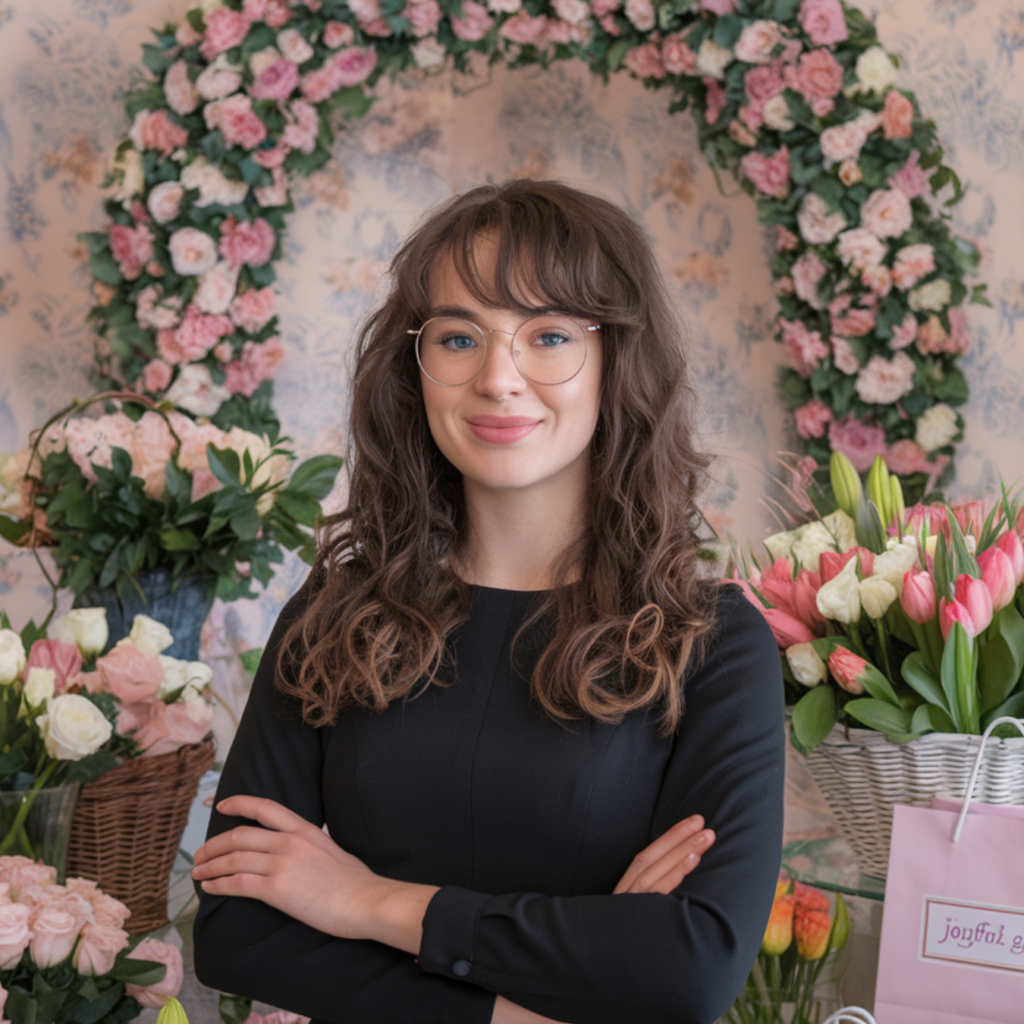 A woman with wavy brown hair, wearing glasses and a black dress, standing in a room adorned with floral decorations.