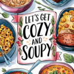 hearty winter soup illustration that says "lets get cozy and soupy"