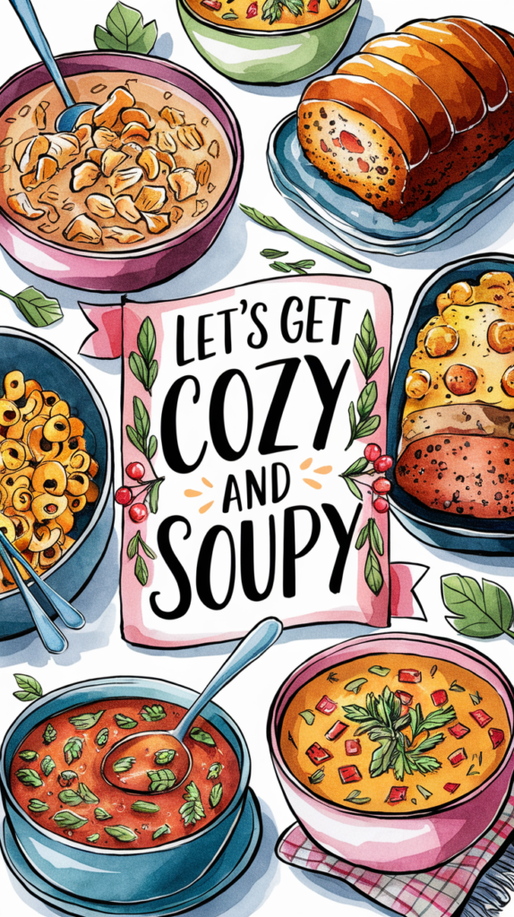 hearty winter soup illustration that says "lets get cozy and soupy"