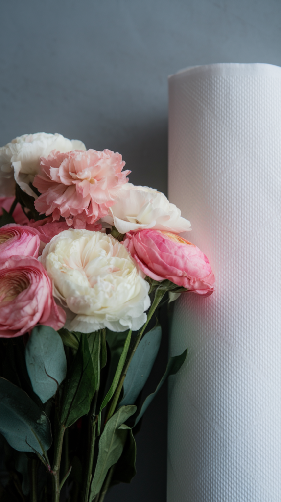 floral bouquet next to a roll of paper towel