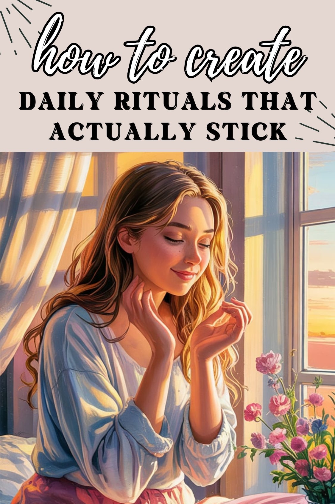 A warm, serene illustration of a young woman gently waking up at sunrise, sitting by a window with soft sunlight streaming in. She has long, flowing hair in a cascade of warm golden tones, and her eyes are just beginning to open, reflecting a sense of peaceful awakening. The room is bathed in a gentle, golden light, with a soft, pastel-colored blanket draped over her lap and a vase of fresh, blooming wildflowers on the windowsill, adding a touch of natural beauty to the scene.