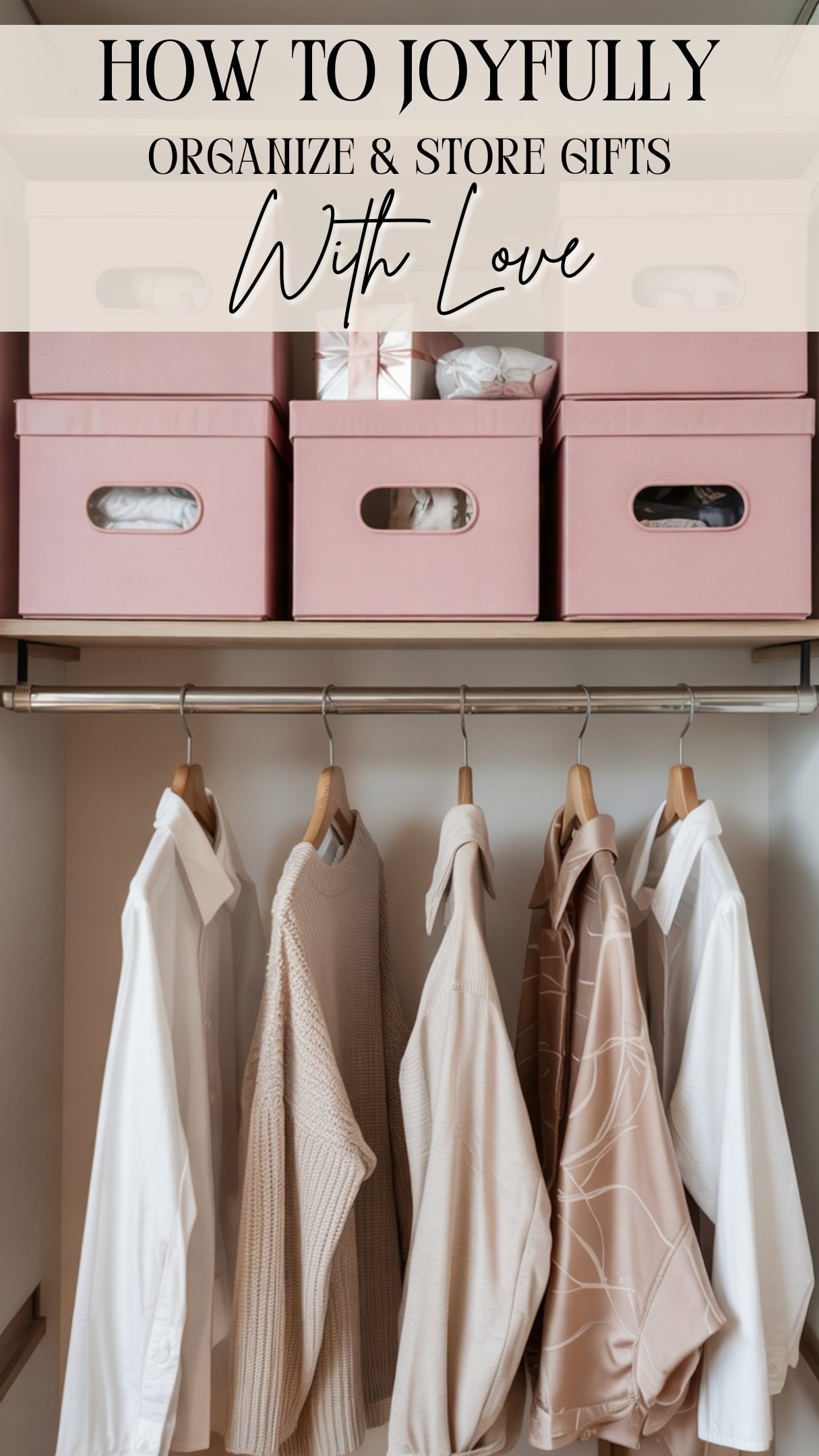 A photograph of a minimalist closet organization setup featuring four pink storage boxes mounted on a light brown wooden shelf. Each box is 12 inches wide with simple white handles on their fronts, some containing wrapped presents. Below the boxes, a horizontal metal rod holds six clothing hangers with a white button-up shirt, a beige sweater, a white jacket, a beige patterned shirt, and a white garment. The background is a light beige wall, creating a clean, organized space with soft, natural lighting that casts subtle shadows beneath the boxes and clothing items.