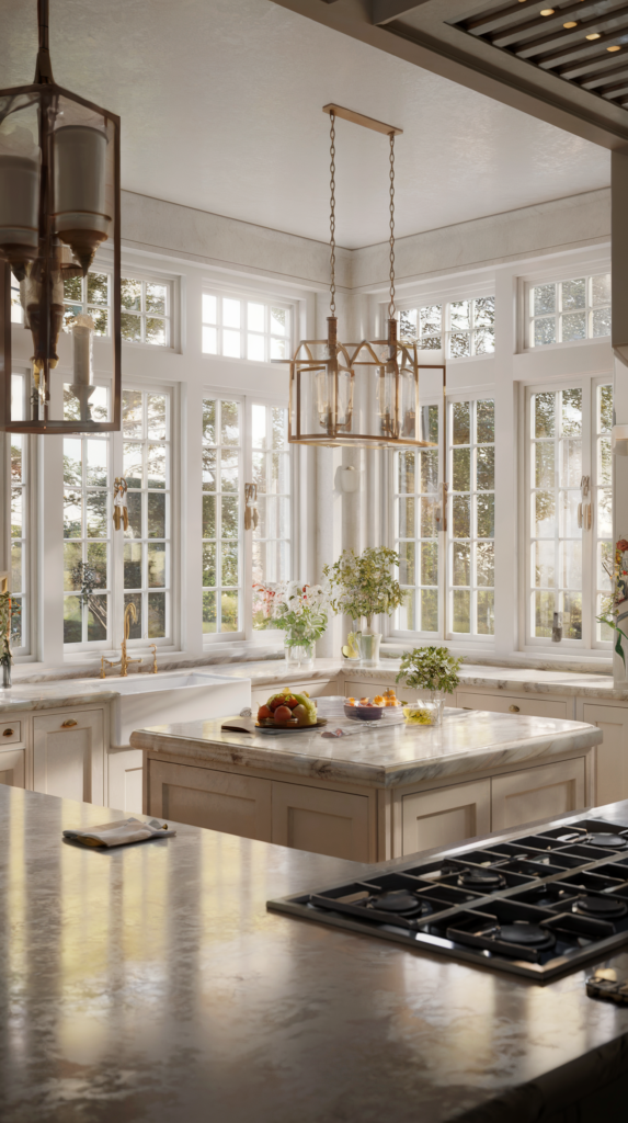 A photo of a cheerful, detailed, welcoming, and elegant kitchen with a wide-angle view. The kitchen has a bright and airy design with large windows that flood the room with natural light. There is a sleek marble countertop and a centerpiece island. The scene captures the essence of a warm, family-oriented space where life's little moments unfold effortlessly. The style is influenced by the inviting realism of Norman Rockwell and the elegance of Alphonse Mucha. The technical aspects use Unreal Engine 5 for depth and realism.