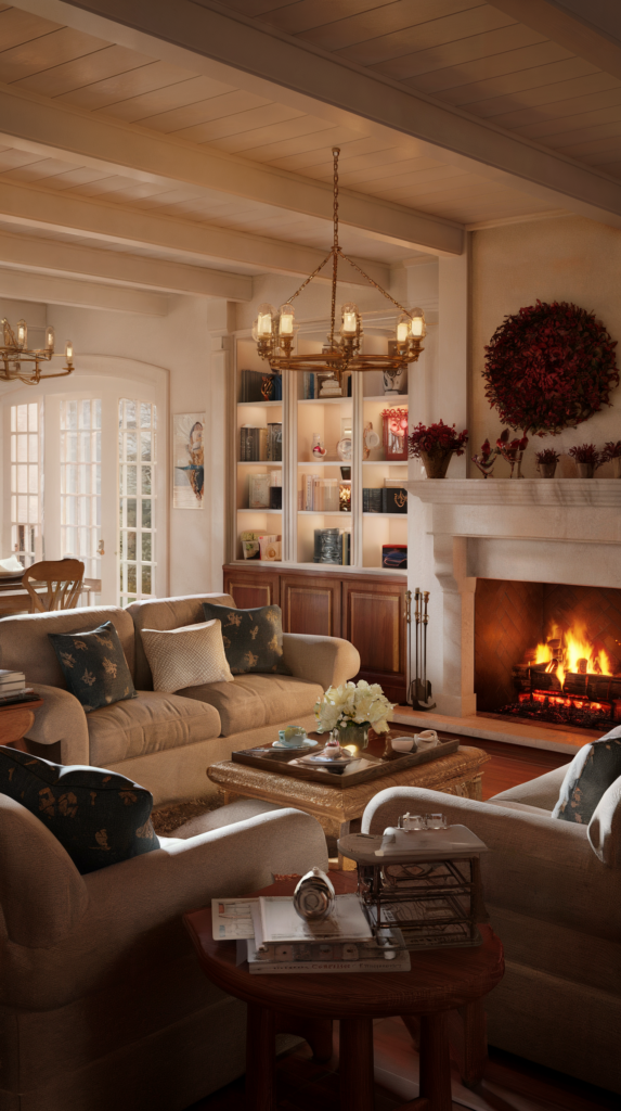 A photo of a cozy, bright living room brimming with character and charm. There are plush sofas, a roaring fireplace, and elegant wood finishes in the room. The space exudes warmth and comfort, with a lived-in feel reminiscent of a Nancy Meyers film. The mood and style emphasize "inviting," "intricate," "highly detailed," and "elegant," capturing the quintessential feel-good atmosphere. The artistic inspiration is drawn from the works of Greg Rutkowski and the soft, sophisticated style of Thomas Kinkade.