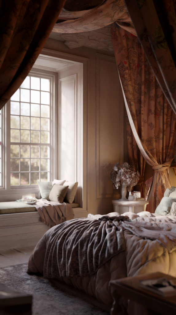 A photo of a serene bedroom oasis with luxurious fabrics and a highly detailed, harmonious environment. The room contains a plush king-sized bed, a cozy reading nook by a large bay window, and soft, ambient lighting. The environment is crafted to evoke the classic, timeless serenity often portrayed in a Nancy Meyers film setting. The artistic inspiration is drawn from the serene romanticism of John William Waterhouse and the detail-oriented style of Winona Nelson. The image is rendered using Unreal Engine 5 and features a focus pull effect for refined realism and depth.