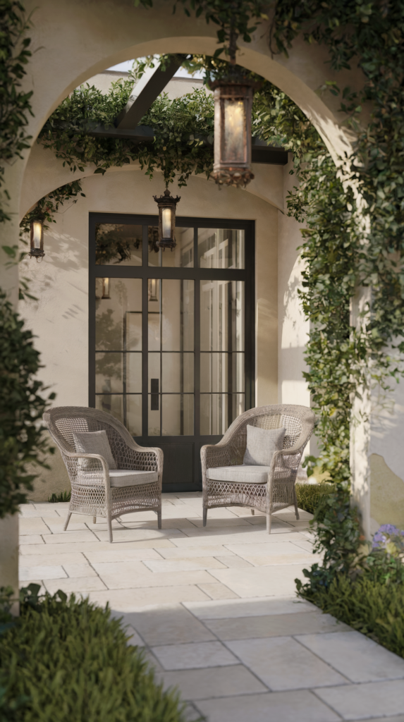 A photo serene outdoor seating area. There's an arched passageway adorned with climbing plants. Two wicker chairs with cushions are placed facing each other. The area is surrounded by lush greenery. Vintage lanterns hang above, casting a soft glow. The pathway is paved with large square tiles. A doorway with glass panels is visible in the background.