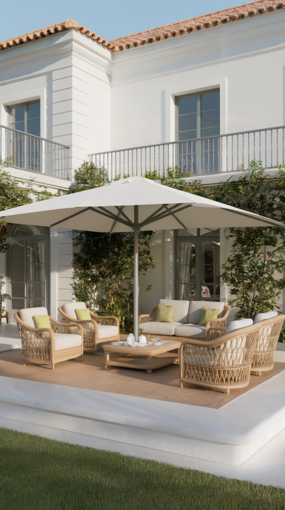 A 3D render of an elegant outdoor seating area adjacent to a white-walled building. The seating comprises wicker chairs and sofas, with a central coffee table. Above the seating, there's a large white umbrella providing shade. The building features a balcony with a metal railing, and its walls are adorned with climbing plants. The foreground has a well-maintained lawn, and the entire setting exudes a serene and luxurious ambiance.