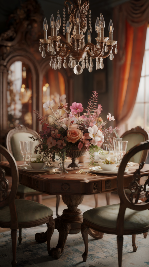 A photo of an intimate dining room setting with a grand wooden dining table adorned with freshly picked flowers. The table is surrounded by antiqued chairs and lit by an elegant chandelier. The ambiance is designed to reflect the comfort and classic style of a memorable dining scene from a Nancy Meyers story. The image has a vintage feel, with highly detailed elements and warm lighting. The art style nods to the intricacies of Artgerm and the expressive detail of Lois van Baarle. The image is captured as a "4K UHD image", with soft shadows and a sharp focus.