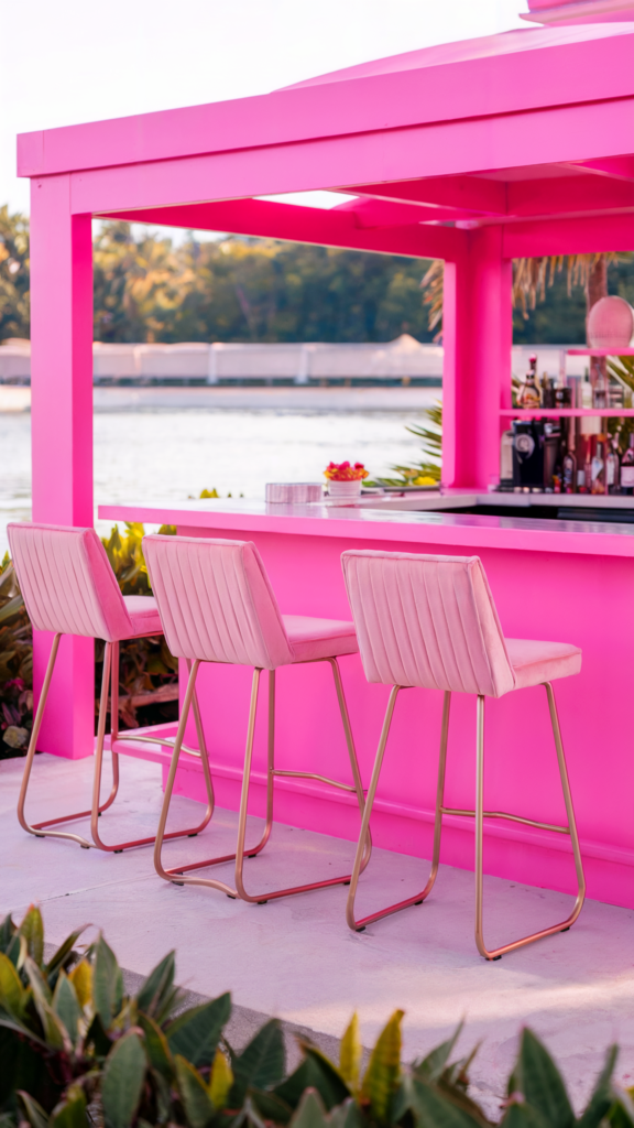 A photo of a barbiecore pink cabana bar with light pink upholstered bar stools. The stools have a velvet high square back and a curved gold frame, giving them a sleigh-like appearance. The bar is located near a body of water with lush green plants around it.