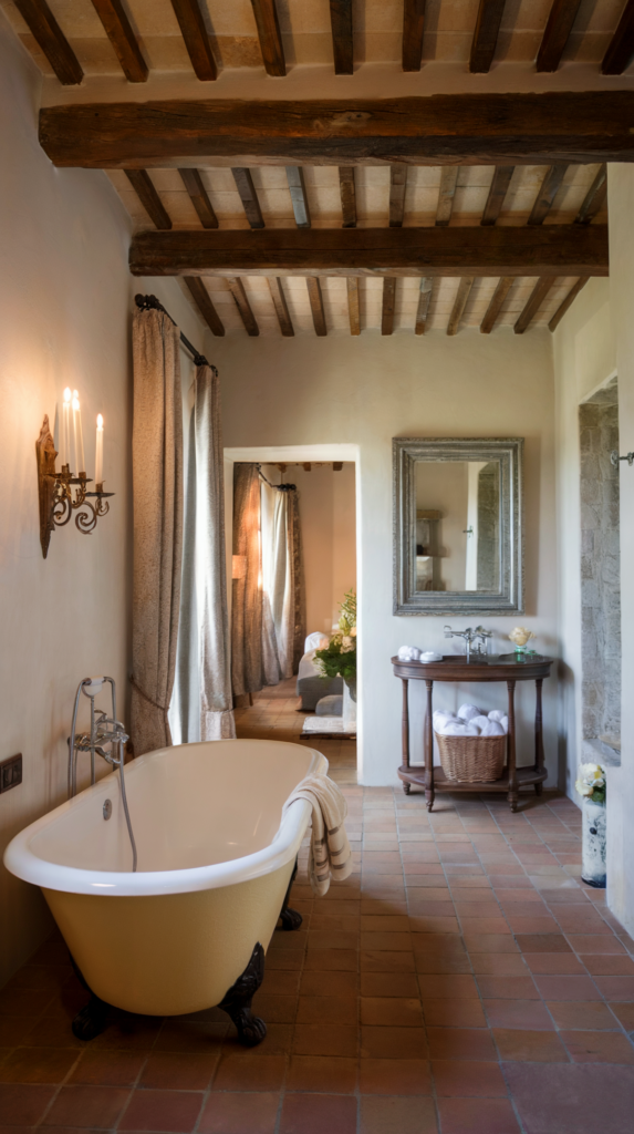 A photo of a luxurious bathroom with a rustic ambiance. The bathroom has a freestanding bathtub painted in a light hue, placed on terracotta tiles. Above the tub, wooden beams stretch across the ceiling, adding to the rustic charm. To the left, a wall-mounted candle sconce emits a soft glow, illuminating the space. A wooden table stands beside the tub, holding a basket and neatly folded towels. On the right, a mirror with an ornate frame is mounted on the wall, reflecting a part of the room. The room is further adorned with draped curtains, a vase with flowers, and a glimpse of a doorway leading to another room.