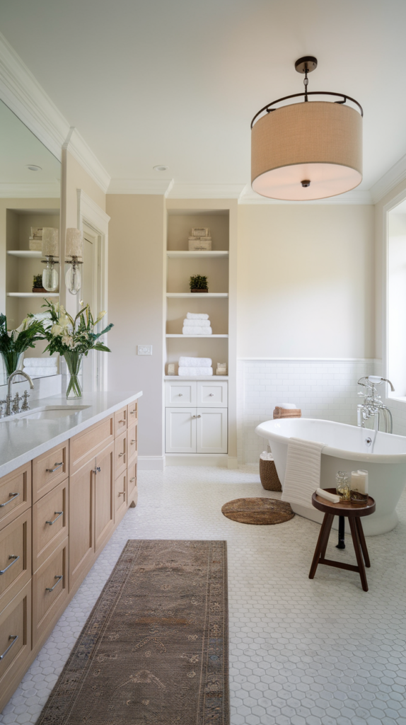 A photo of a spacious and elegantly designed bathroom with a blend of white and light wood tones. The bathroom has a large wooden vanity with multiple drawers, a white countertop with a sink, and a vase holding fresh flowers. There's a freestanding bathtub with a white finish and a wooden stool next to it. Above the bathtub, there's a large, cylindrical pendant light with a beige shade. The floor is covered with white hexagonal tiles, and there's a patterned rug beneath the bathtub. On the far right, there's a built-in shelving unit displaying towels and decorative items.