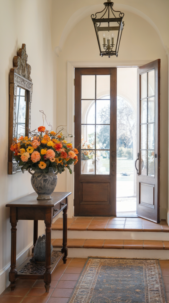 A photo of an elegant hallway or foyer with a wooden door with a glass panel, revealing a bright space outside. Above the door hangs an ornate lantern-style chandelier. To the left, there's a wooden table, atop which sits a vase filled with beautiful orange and yellow flowers. Above the table, a decorative mirror with an ornate frame is mounted on the wall. The floor is adorned with terracotta tiles, and a patterned rug lies partially on the steps leading to the door.