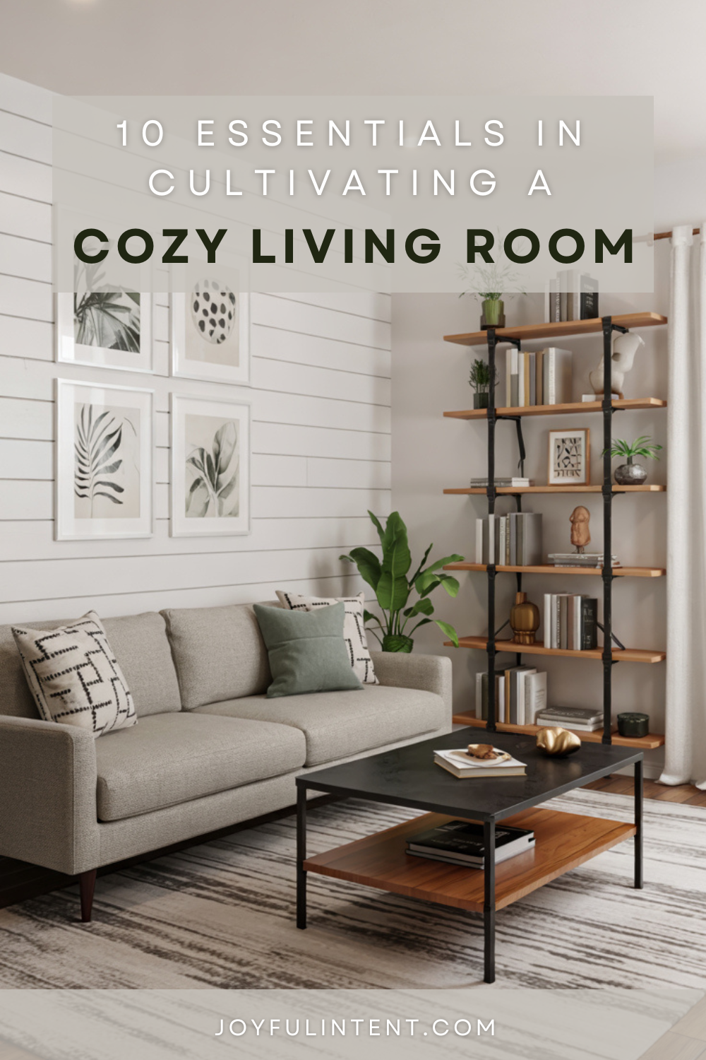 A photograph of a modern minimalist living room centered around a light gray upholstered sofa.