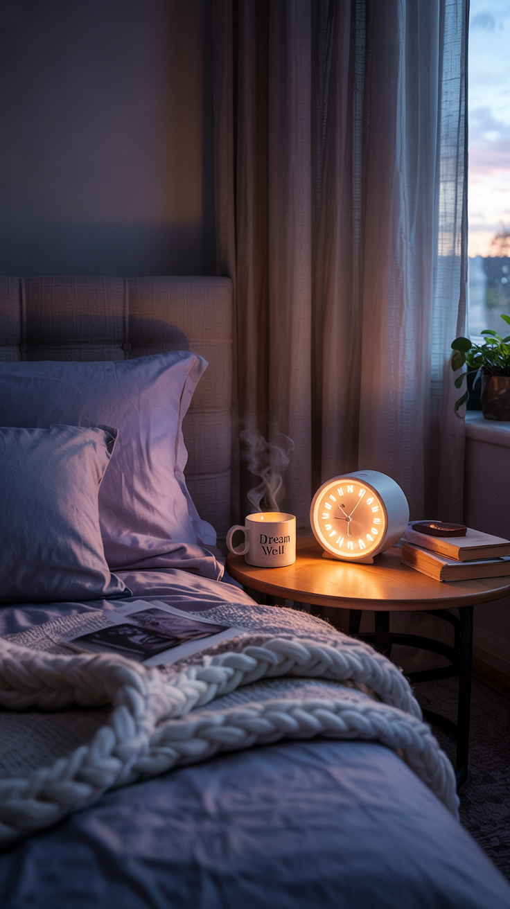 A photograph of a cozy bedroom interior bathed in the soft glow of dusk. A plush queen-sized bed is centered in the frame, covered with breathable lavender cotton sheets and a thick, chunky-knit weighted blanket. On the bedside table sits a sunrise-simulation alarm clock emitting a gentle orange light alongside a steaming mug labeled "“Dream Well”" and a small stack of worn leather-bound books. Velvet blackout curtains partially obscure a window, allowing a sliver of twilight to illuminate the scene with diffused, warm lighting, fostering a serene and restful atmosphere.