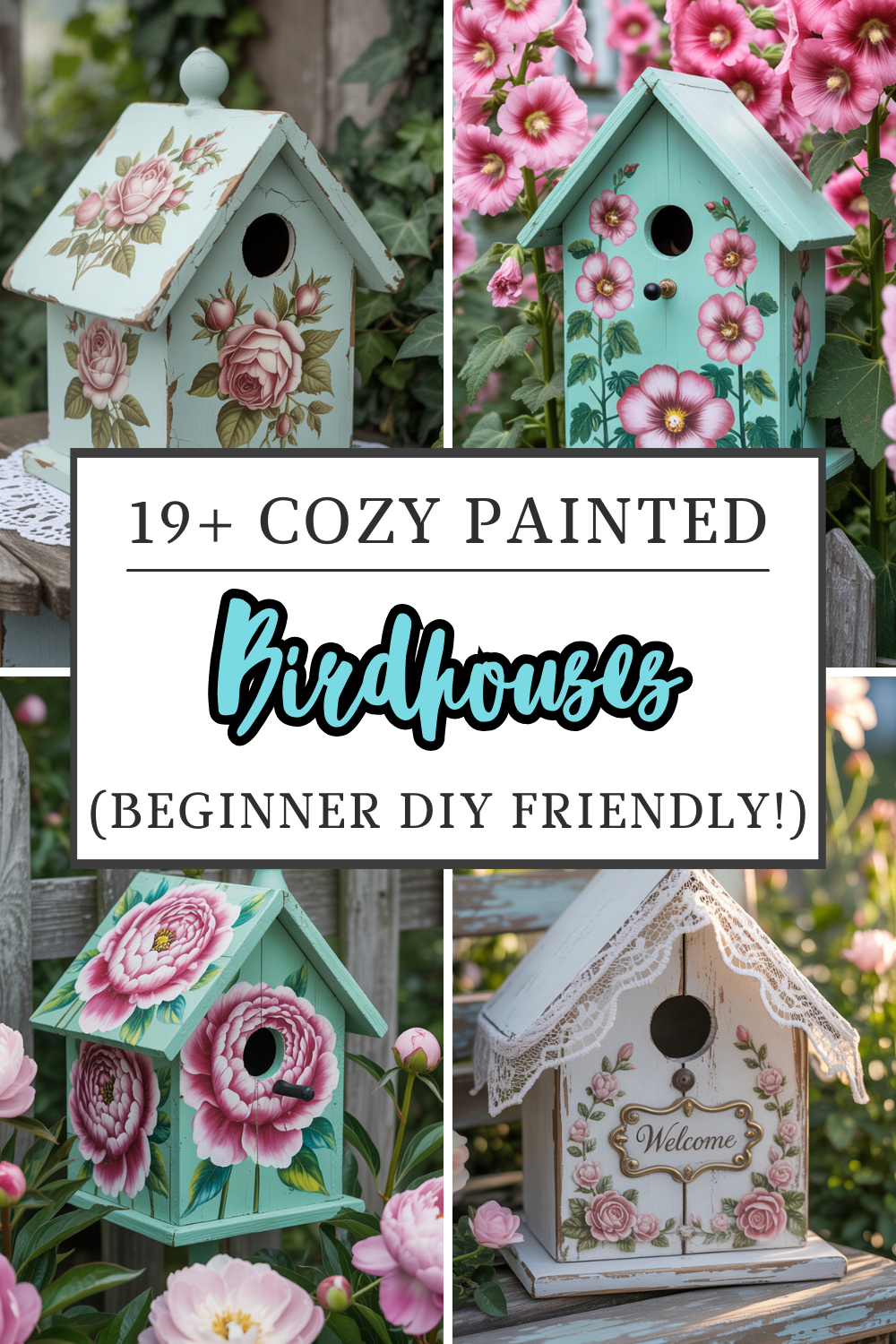 4 hand painted english cottage garden floral birdhouses