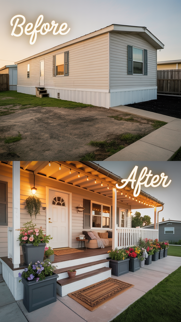 The exterior of a single-story house is bathed in the warm glow of string lights. A white door with a small window is centered beneath a covered porch, flanked by white pillars.