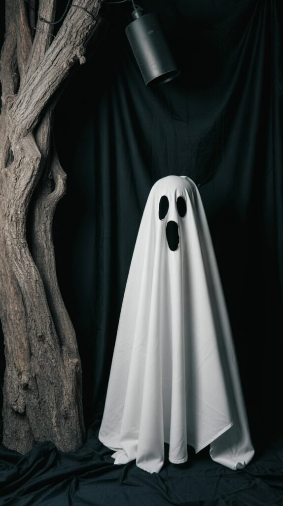 Simple DIY ghost costume made from a white sheet, styled with a classic spooky face—no-sew or beginner sewing option for Halloween.