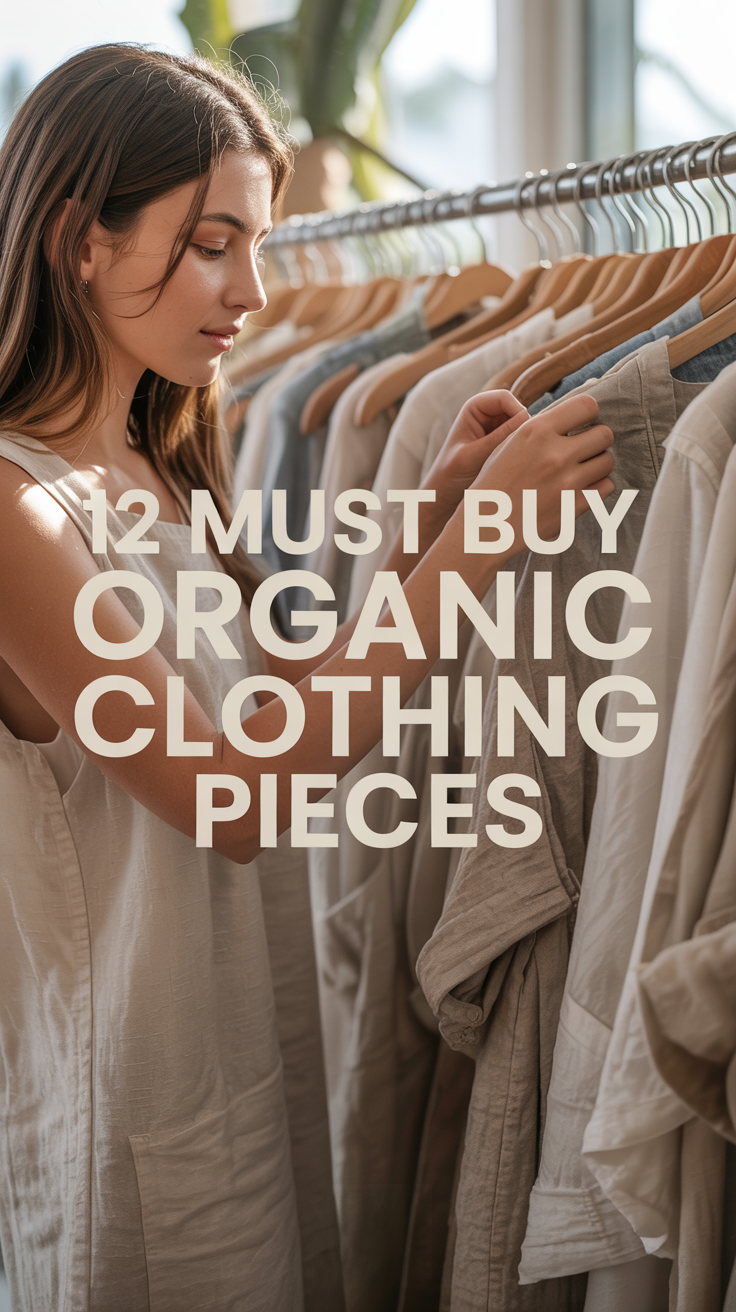 Woman in a boutique reading clothing tags to check for organic materials and certifications.
