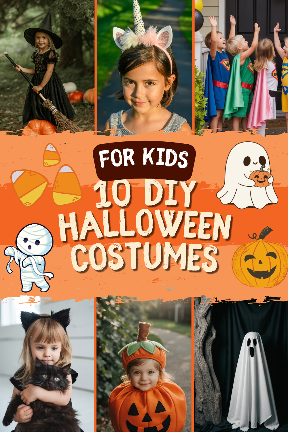 collage of 6 images of children wearing various halloween costumes