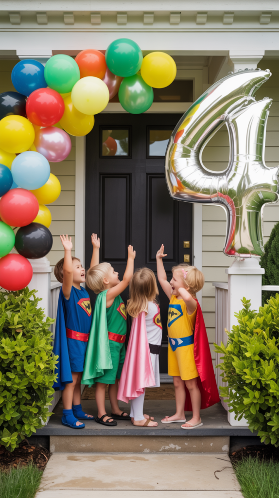 Group of young kids in handmade superhero costumes with bright capes, celebrating under a balloon arch—DIY Halloween or birthday party outfit idea.