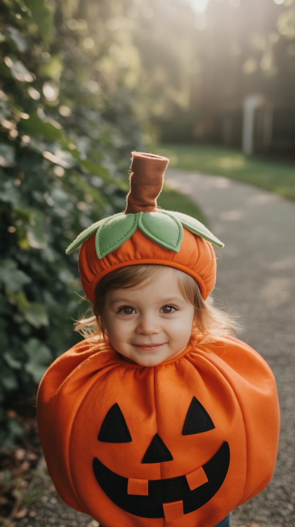 Adorable toddler wearing a plush pumpkin costume with green felt leaves and a happy jack-o’-lantern face—beginner sewing project for Halloween.