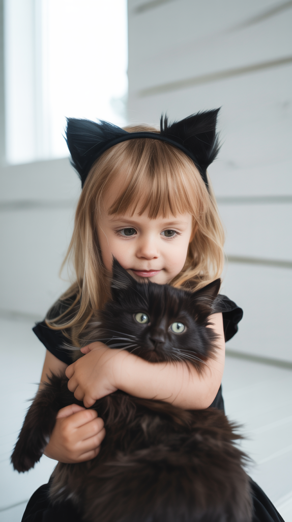 Little girl in a black cat costume with soft felt ears, holding a matching fluffy black cat—easy and cozy Halloween look made with felt and elastic.