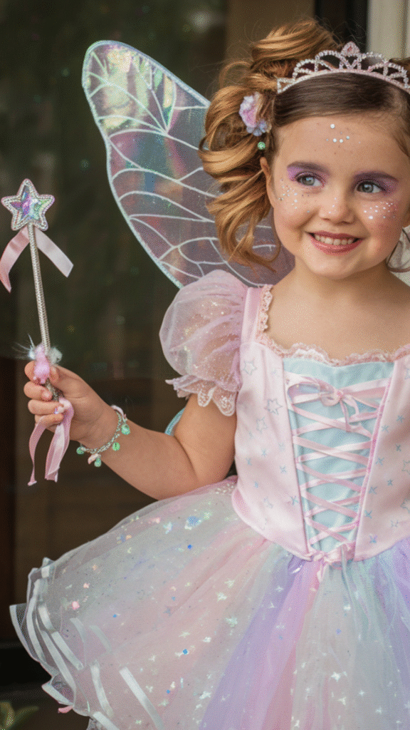 Young girl dressed in a sparkly pastel fairy Halloween costume with iridescent wings, a star wand, and glittery makeup—DIY costume idea for toddlers.