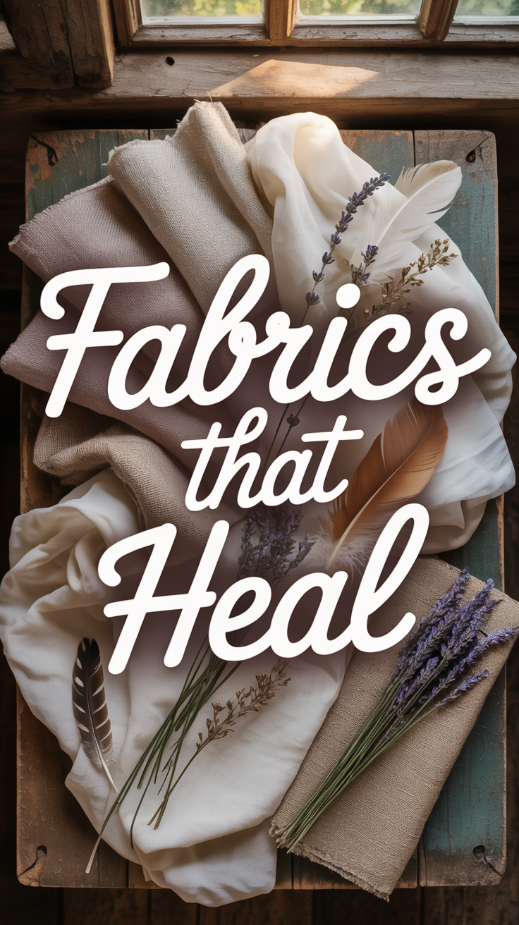 A photograph of a flat lay composition showcasing a collection of natural fabrics – raw flax linen, creamy wool, soft cotton, shimmering silk, and sturdy hemp – artfully arranged on a weathered, rustic wooden surface. The fabrics are gently draped and folded, interspersed with sprigs of fragrant lavender, delicate feathers, and tiny flax flowers. Across the top, in a flowing script font, is the text “Fabrics That Heal” in a soft earthy tone, subtly overlaying the scene and easily visible. Warm, diffused daylight streams in from a window, casting gentle shadows and highlighting the textures of the materials, creating a calming and serene atmosphere.