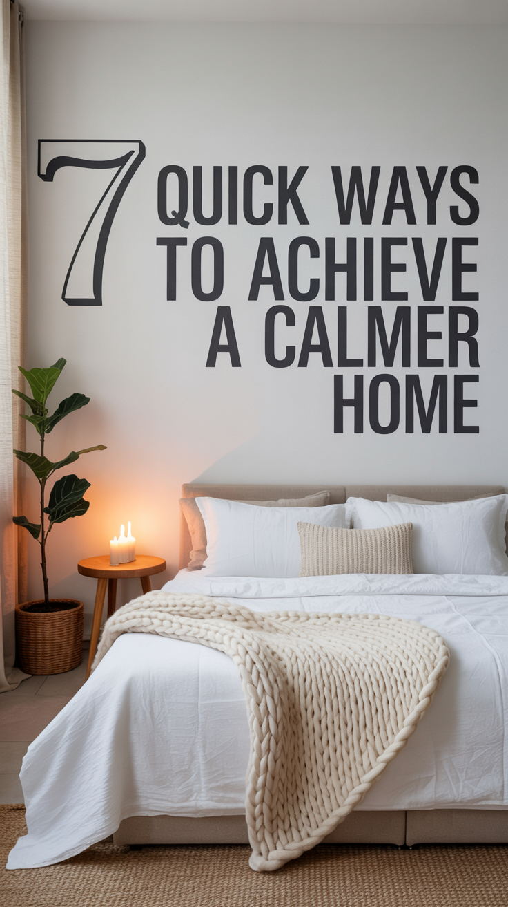 A photograph of a minimalist bedroom interior showcasing a pristine white wall with the bold text "7 QUICK WAYS to achieve a CALMER HOME" rendered in a modern sans-serif font, accentuated by a decorative number "7". Below the text, a king-sized bed is centered with crisp white linen bedding and a chunky knit cream-colored throw blanket casually draped across the foot, accompanied by a small round wooden side table holding a flickering beeswax candle. Soft, warm light illuminates the scene, highlighting the textures of the natural jute rug on the floor, the woven basket planter containing a tall fiddle leaf fig plant in the corner, and the gently swaying cream-colored linen curtains. The overall ambiance is one of peaceful simplicity, enhanced by the gentle glow of the candle reflecting off the white walls.