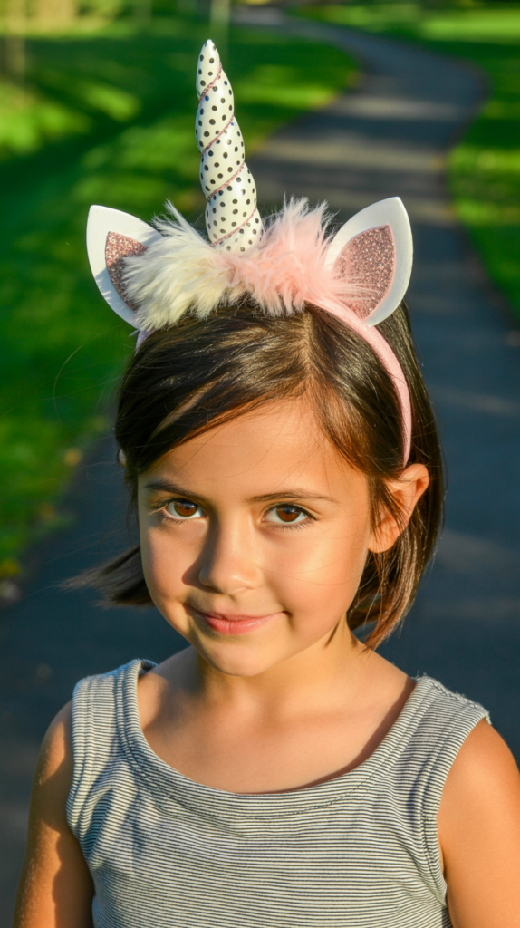 Young girl wearing a unicorn horn headband with pink glitter ears and faux fur—simple no-sew accessory for a magical DIY Halloween outfit.
