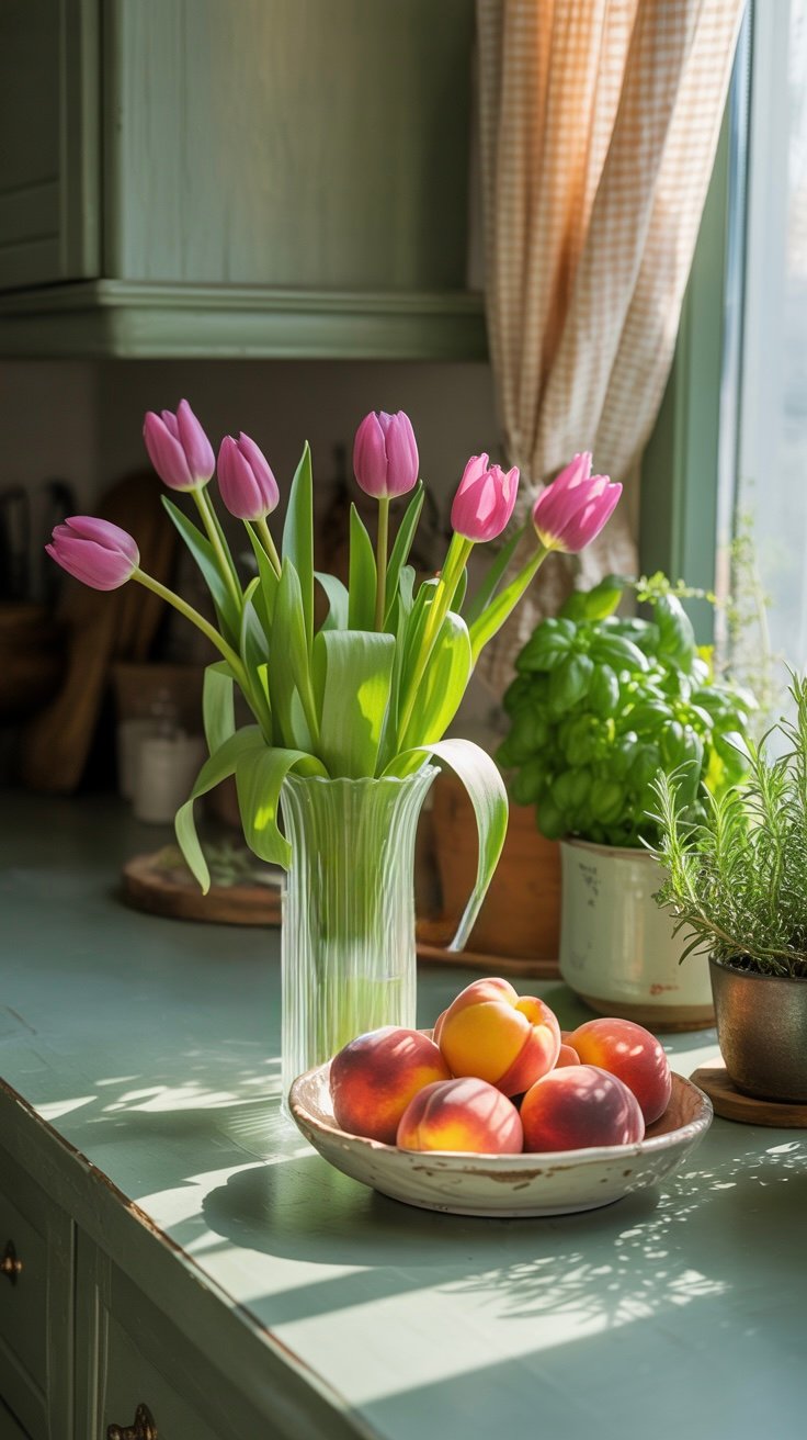 A soft green kitchen counter with a vase of vibrant pink tulips, a bowl of ripe peaches, and potted herbs in the background, all illuminated by gentle morning sunlight through a gingham curtain.