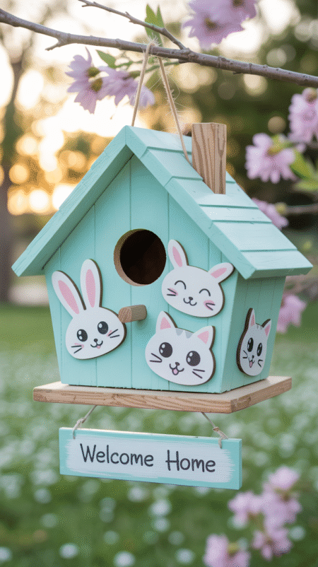 Pastel-colored birdhouse (mint green) with stenciled kawaii bunny and cat faces, featuring big eyes and smiles