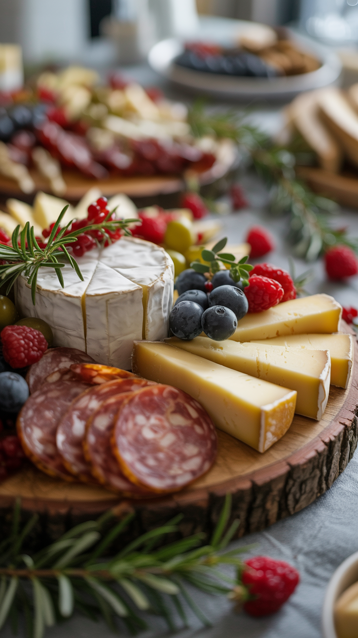 A rustic wooden board filled with cheeses, figs, blackberries, crackers, and rosemary, surrounded by gold party horns and set on a marble surface.