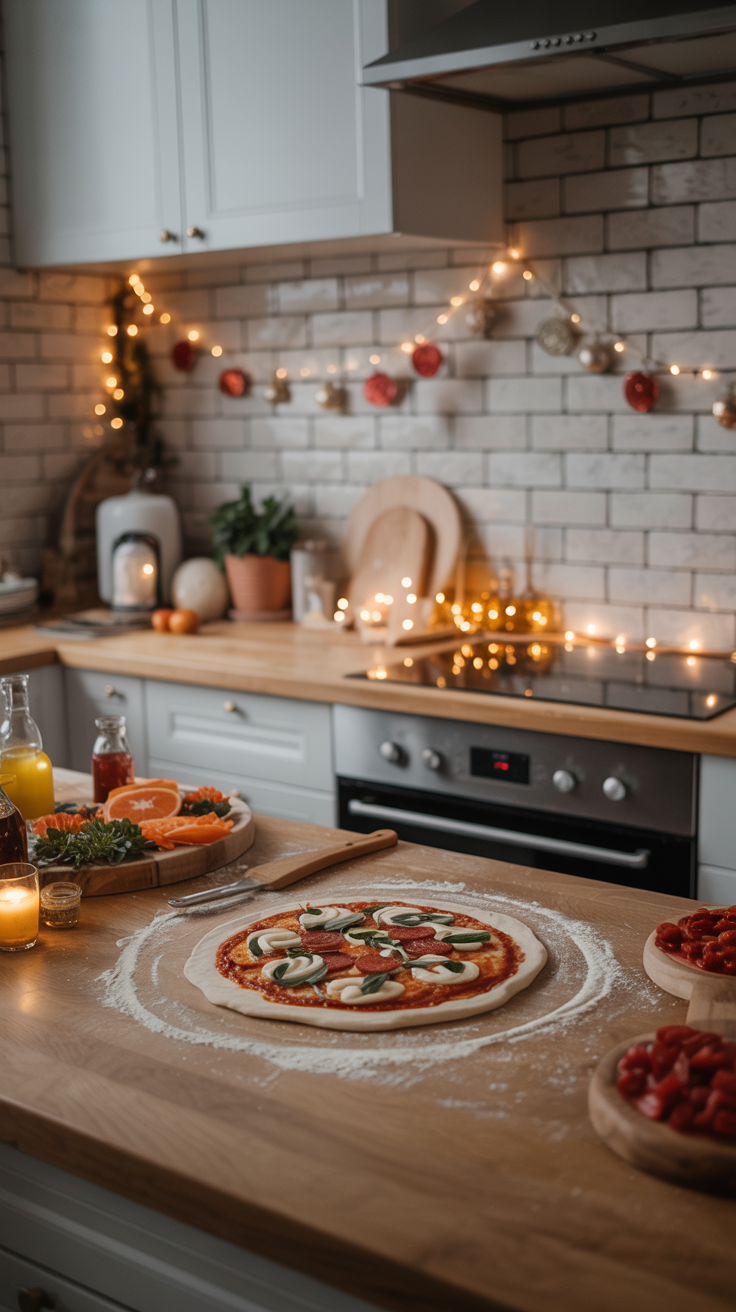 A warm kitchen table with rolled-out pizza dough, bowls of toppings like mushrooms and basil, and festive New Year’s decorations glowing in the background.