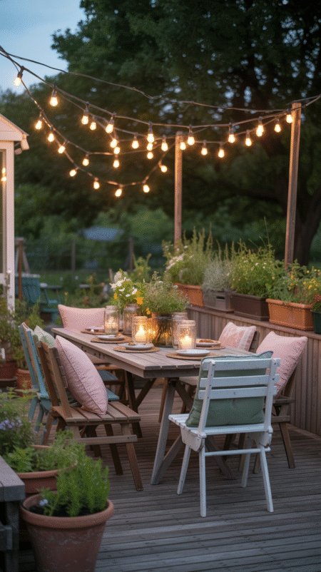 A cozy backyard patio setup at dusk with café string lights, a rustic wood table, mismatched vintage chairs, colorful cushions, mason jar candles, and blooming herb planters.