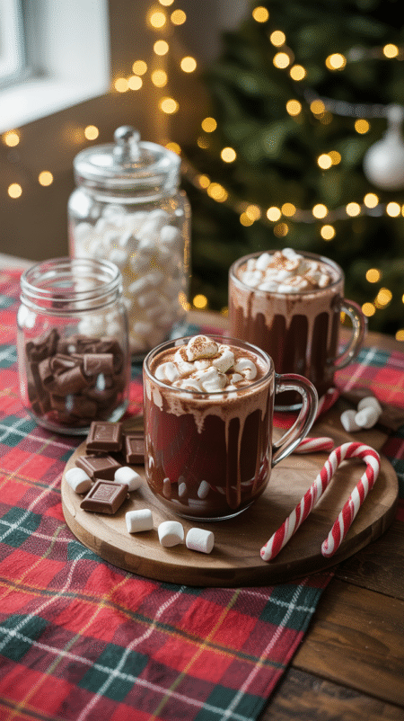 charming hot chocolate bar with mugs of whipped cream-topped cocoa, candy canes, jars of toppings, and a plaid table runner surrounded by warm string lights.