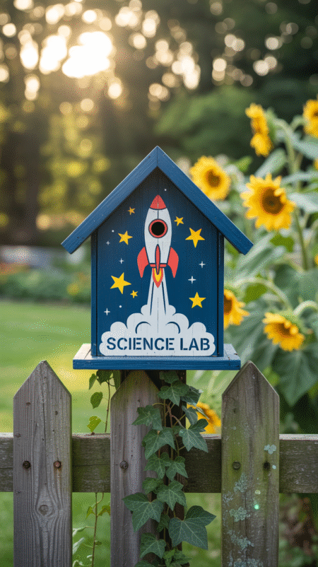Birdhouse painted dark blue with a launching rocket stencil and yellow stars, like a cartoon science lab theme