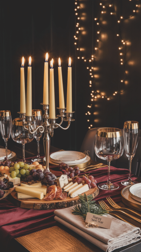 A cozy New Year’s Eve dinner table set with white linen, gold-rimmed glasses, taper candles, fairy lights, and a full charcuterie board with cheeses, fruit, and meats.