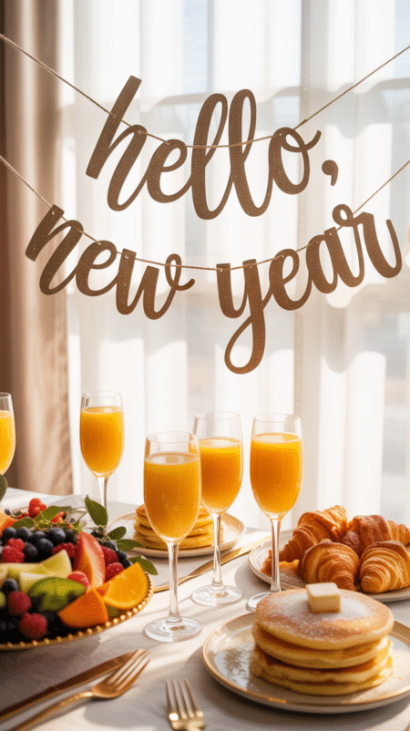 A bright table set with mimosas, fresh croissants, fruit platters, pancakes with powdered sugar, and a glittery “Hello, New Year” banner overhead.
