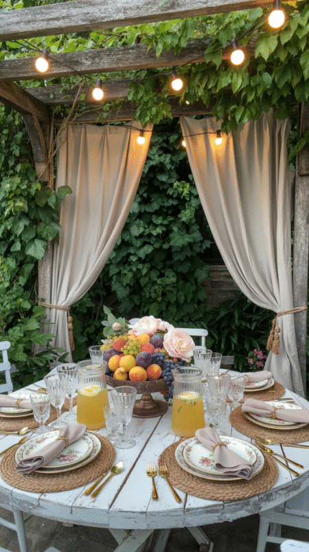 An outdoor dinner setup under a pergola with gauzy curtains, globe lights, a rustic table with floral plates, lemonade pitchers, a fruit and peony centerpiece, and layered rugs.