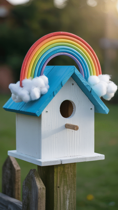Cute birdhouse painted white with a bright clay 7-color rainbow arch over the roof and fluffy white cotton balls around it