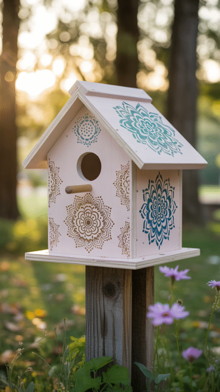 Wooden birdhouse painted ivory with intricate mandala stencils in teal and gold, creating a boho-chic look
