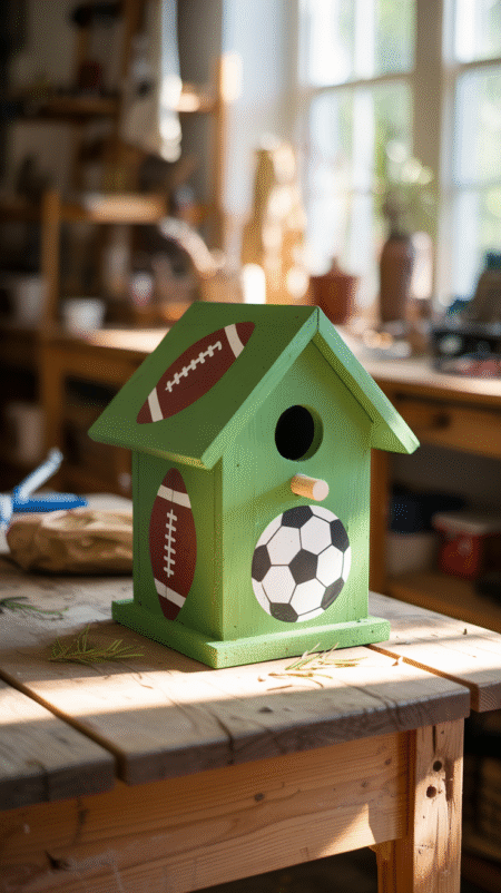 Birdhouse painted bright green with stenciled football and soccer ball designs in team colors