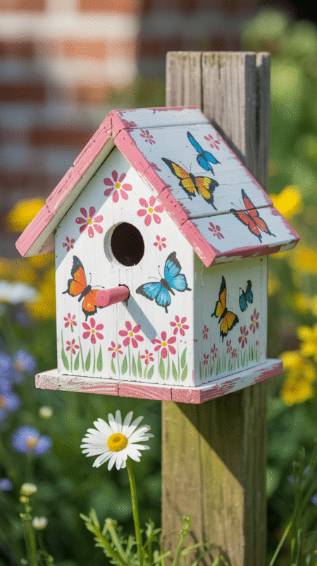 White birdhouse with pink and yellow flower patterns and several stenciled blue and orange butterflies resting on it