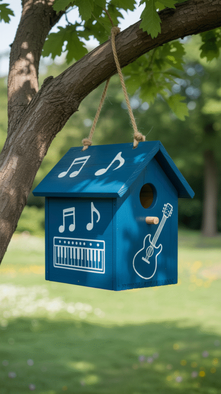 Wooden birdhouse painted navy blue with white stencil music notes, a keyboard, and guitar outline, in a music-themed design