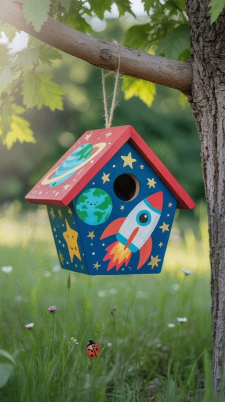 Wooden birdhouse painted in a whimsical outer space theme, with colorful planets, stars, and a smiling rocket ship