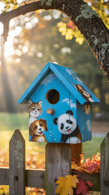Wooden birdhouse painted sky blue with a variety of decoupaged animal faces (kitten, puppy, panda) peeking around corners
