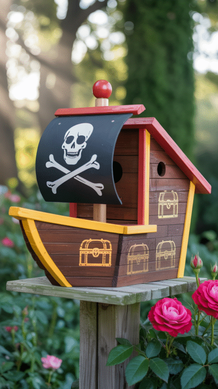 Wooden birdhouse painted brown like a pirate ship’s hull, with a black skull-and-crossbones flag and gold treasure chest drawings